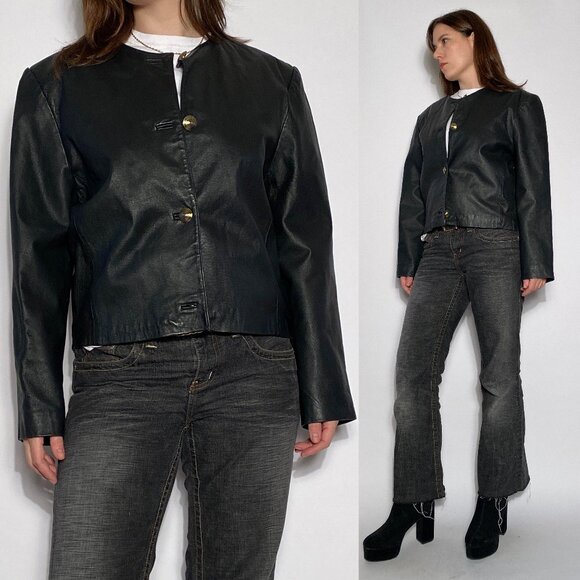 Vintage 1980s BOLD Shoulder Boxy Real Leather Cropped Jacket! Very Sadé - Picture 1 of 12